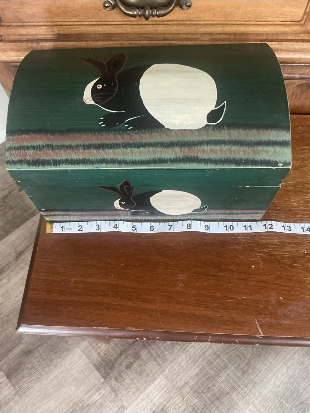 Vintage Warren Kimble Wooden Box Folk Art Green Trunk Bunny Rabbit Keepsake 12